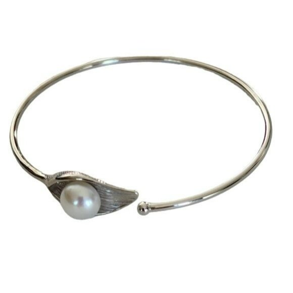 925S Silver 10mm Real Cultured White Freshwater‎ Pearl Solitaire Bangle Bracelet - Picture 8 of 14